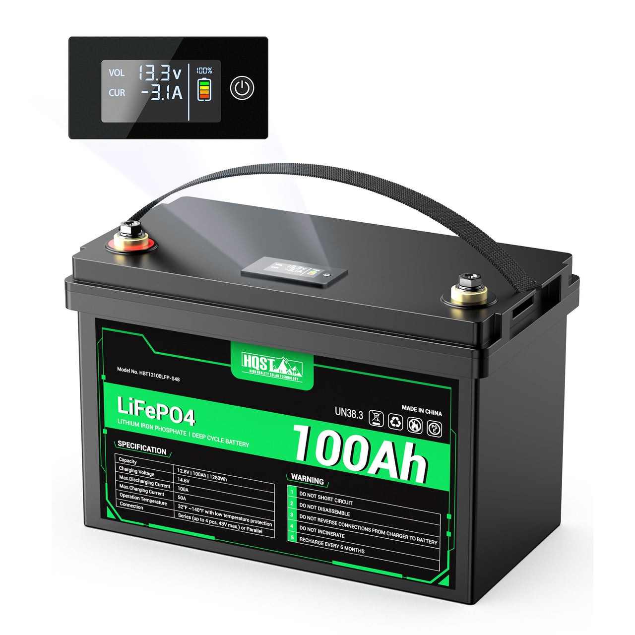 HQST 12V 100Ah Lithium Iron Phosphate LiFePO4 Battery with LED Display