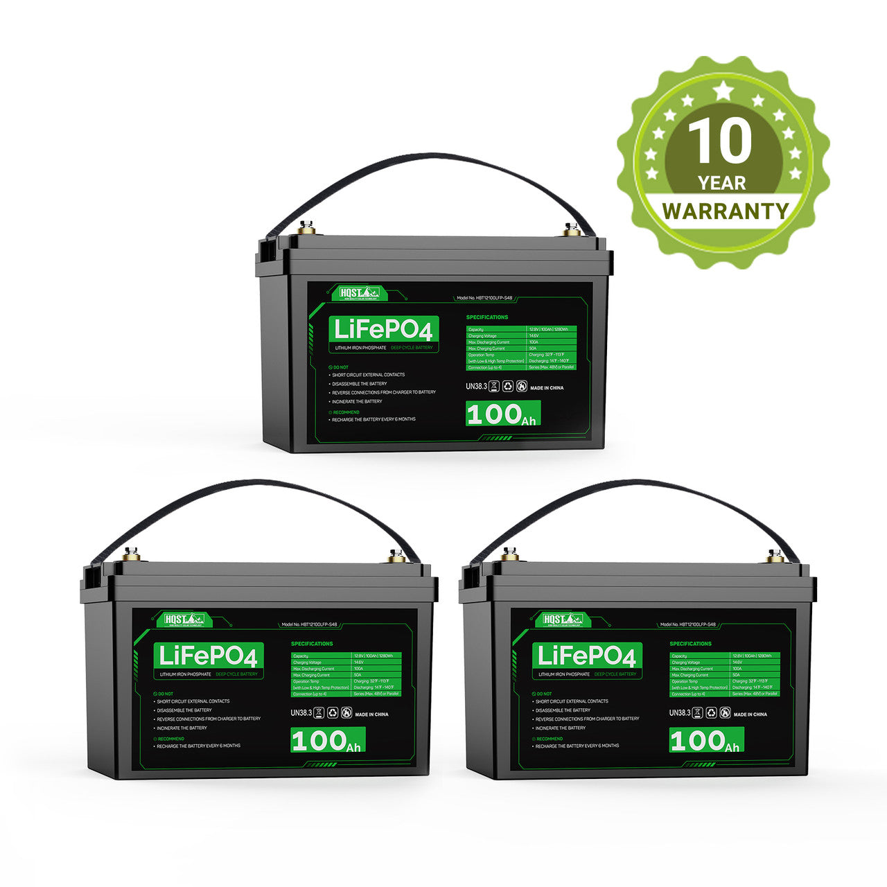 HQST 12V 100Ah LiFePO4 Lithium Iron Phosphate Battery(3 Pack)