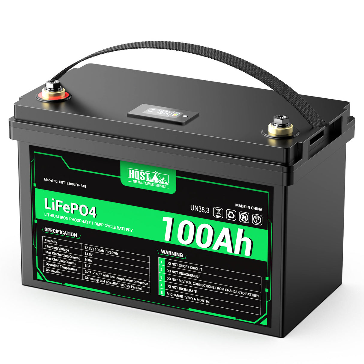 HQST 12V 100Ah Lithium Iron Phosphate LiFePO4 Battery with LED Display