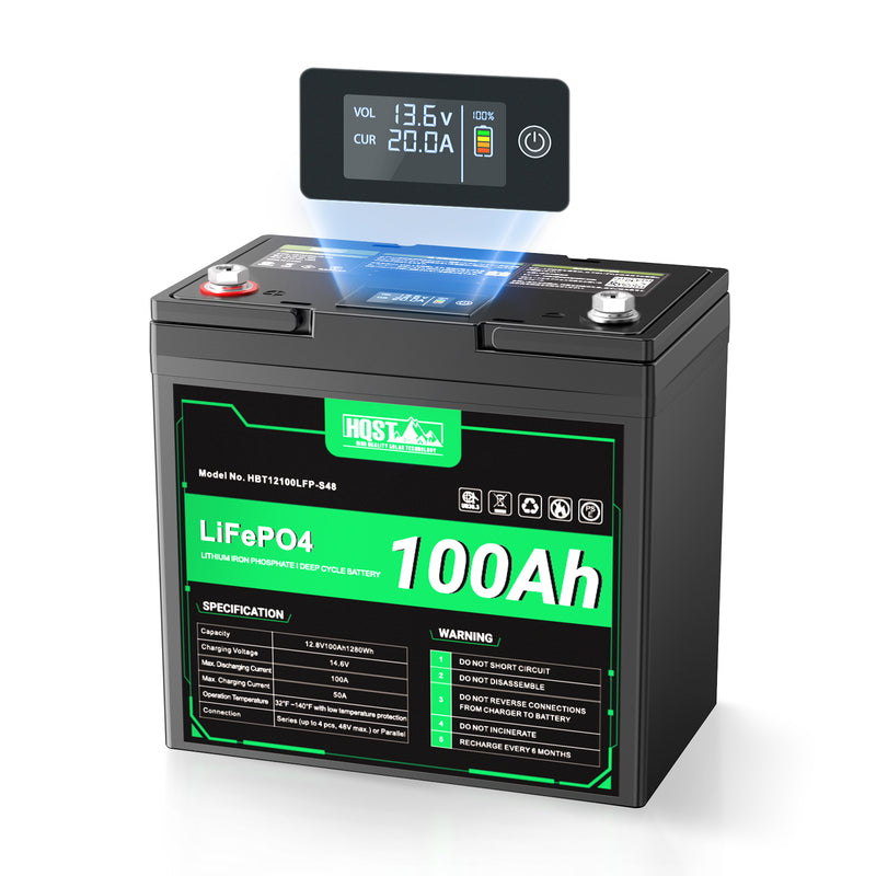 Pre-Order: HQST 12V 100Ah LiFePO4 Battery, Mini Size Group 22NF with LED Meter, 10+ Years Life