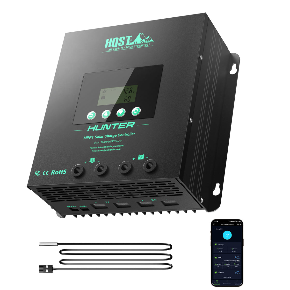 HQST 60A MPPT Solar Charge Controller with Smart APP Control, LiFePO4 Battery Low Temp Protection, and Parallel Charging