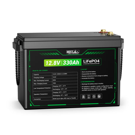 An HQST brand 12.8V 330Ah LiFePO4 marine cordless electric motorized boat battery, shown at a three-quarter angle on a white background.