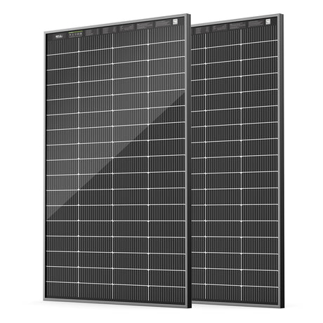 Two solar panels side by side on a white background