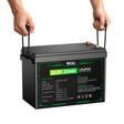 A large black HQST 12.8V 330Ah LiFePO4 battery with green label details, being lifted by two hands holding black straps against a plain white background.