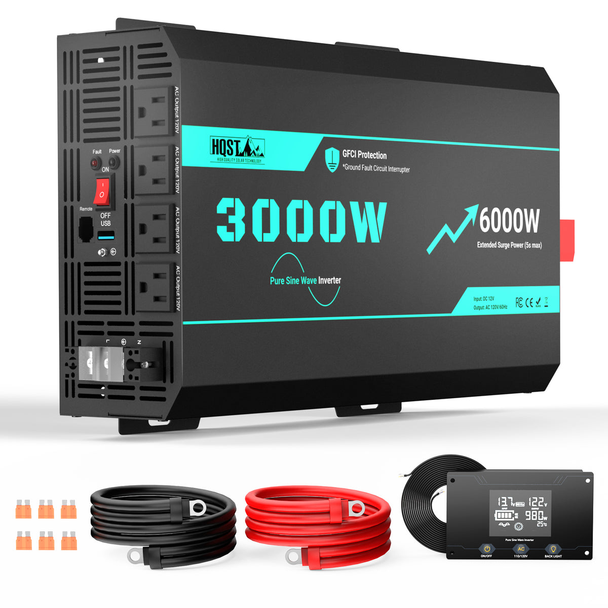 3000W 12V Pure Sine Wave Inverter with 6000W Surge (5s max) and Wired Remote Control