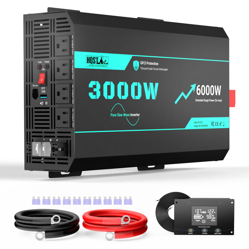 HQST 3000W Pure Sine Wave Inverter 12V | 6000W Surge, GFCI & Remote