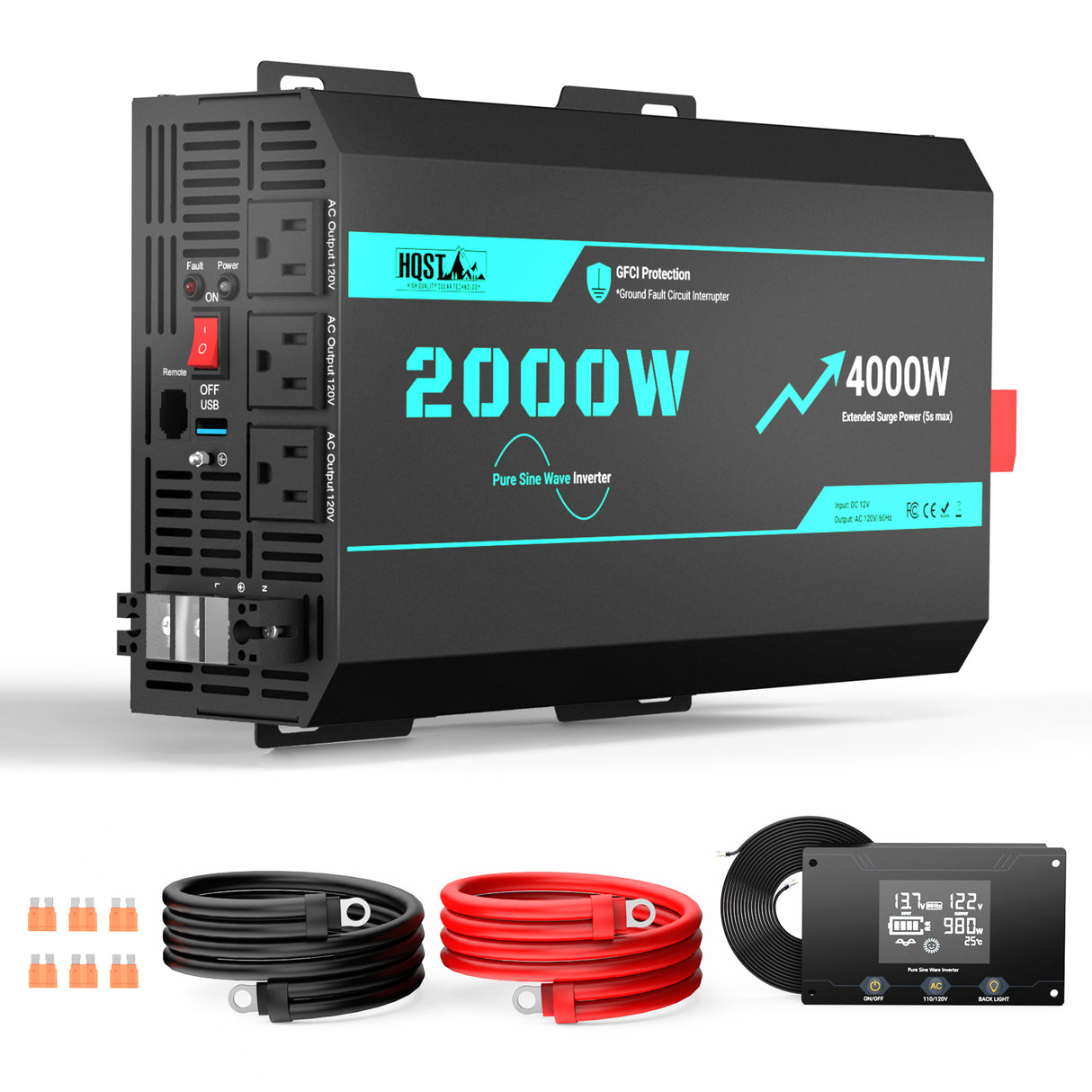 2000W 12V Pure Sine Wave Inverter with 4000W Surge (5s max) and Wired Remote Control