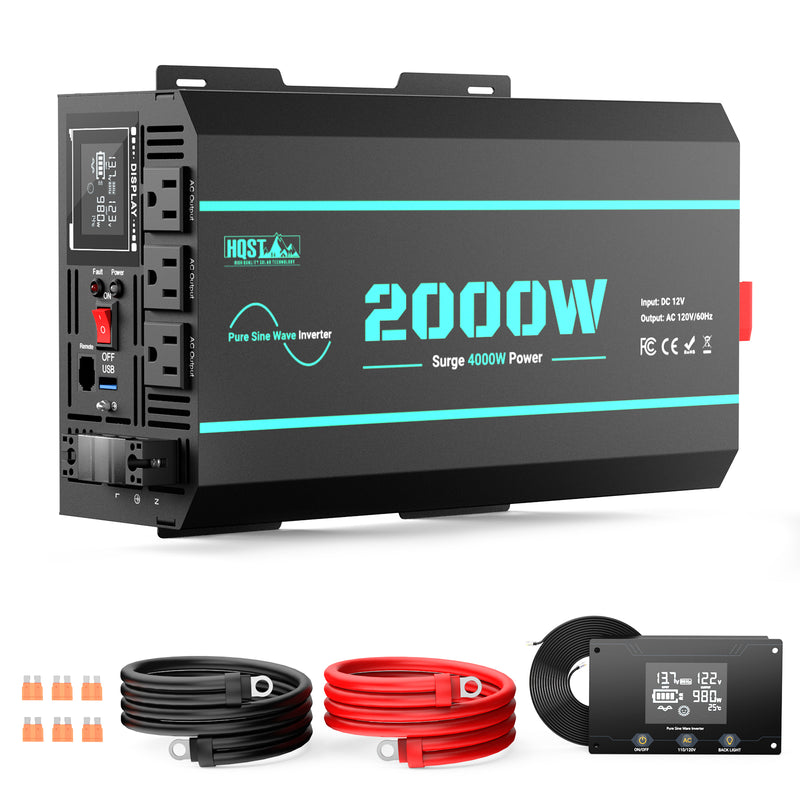 HQST 2000W 12V Pure Sine Wave Inverter with LCD Display and Wired Remote Control