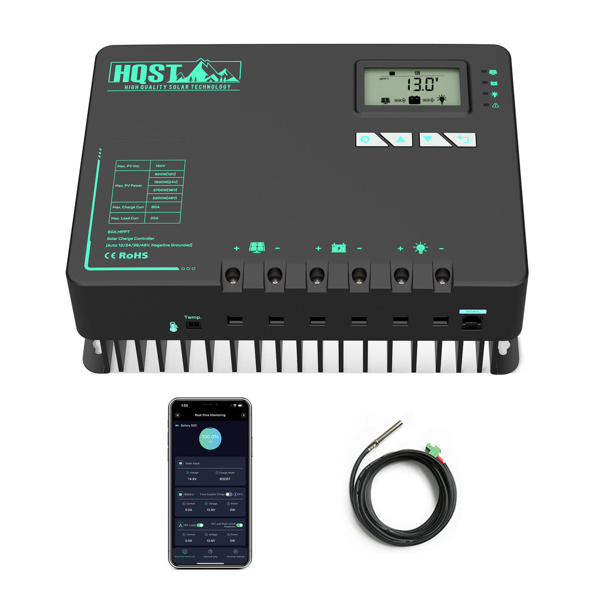 60A MPPT Solar Charge Controller with Li-Ion Battery Low Temp Protection, Parallel Charging, and Bluetooth