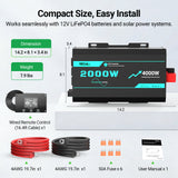 2000W 12V Pure Sine Wave Inverter with 4000W Surge (5s max) and Wired Remote Control