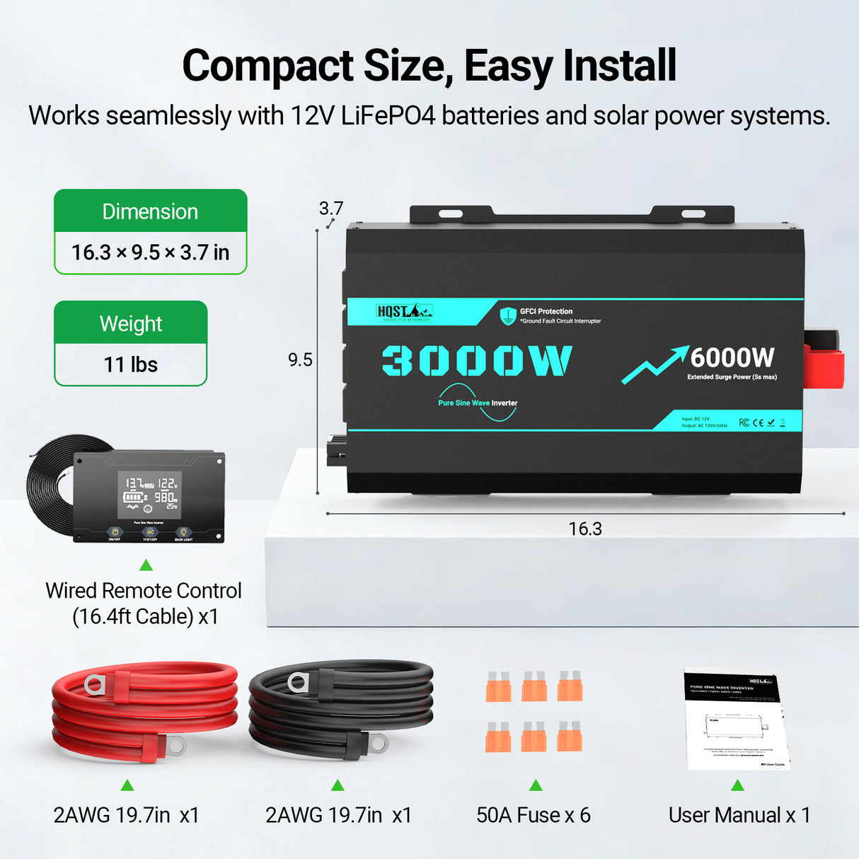 3000W 12V Pure Sine Wave Inverter with 6000W Surge (5s max) and Wired Remote Control