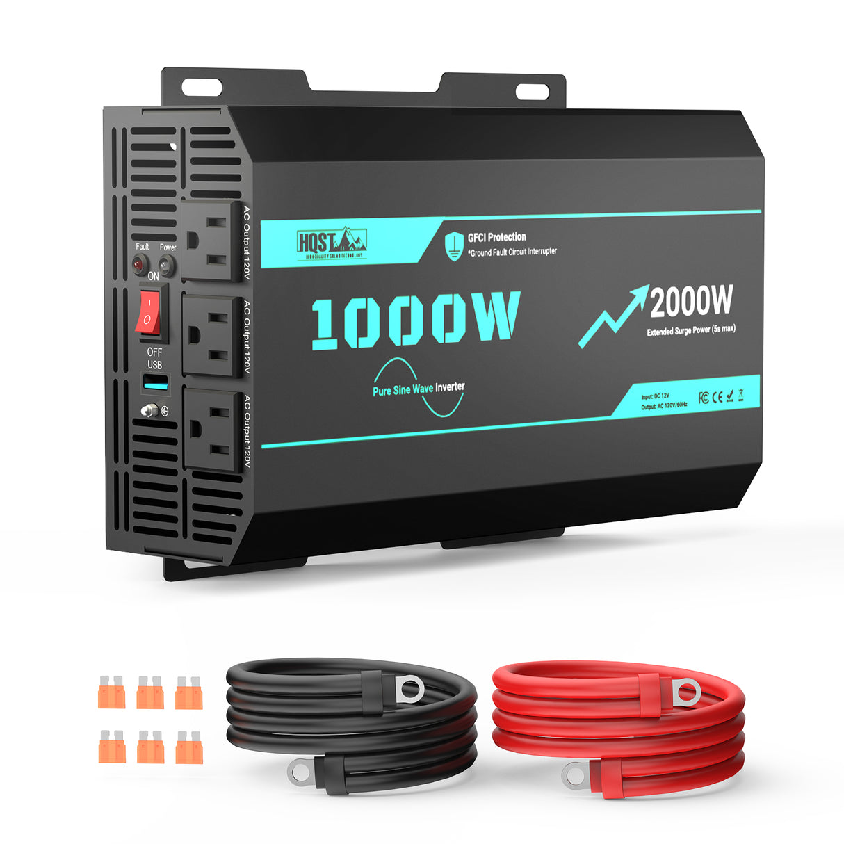 1000W Power inverter with cables and connectors on a white background