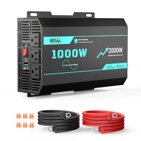 1000W Power inverter with cables and connectors on a white background