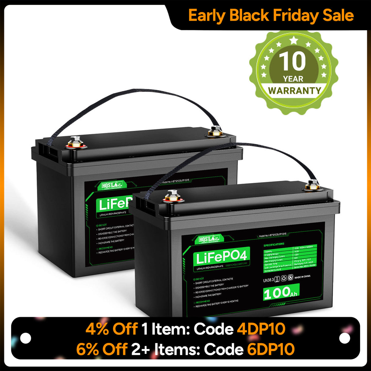 HQST 12V 100Ah LiFePO4 Lithium Iron Phosphate Battery [10-year Warranty]