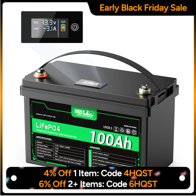 HQST 12V 100Ah Lithium Iron Phosphate LiFePO4 Battery with LED Display [10-Year Warranty]