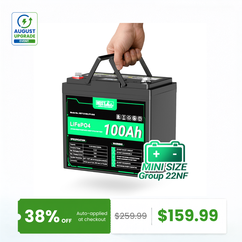 HQST 12V 100Ah LiFePO4 Battery, Mini Size Group 22NF with LED Meter, 10+ Years Lifespan