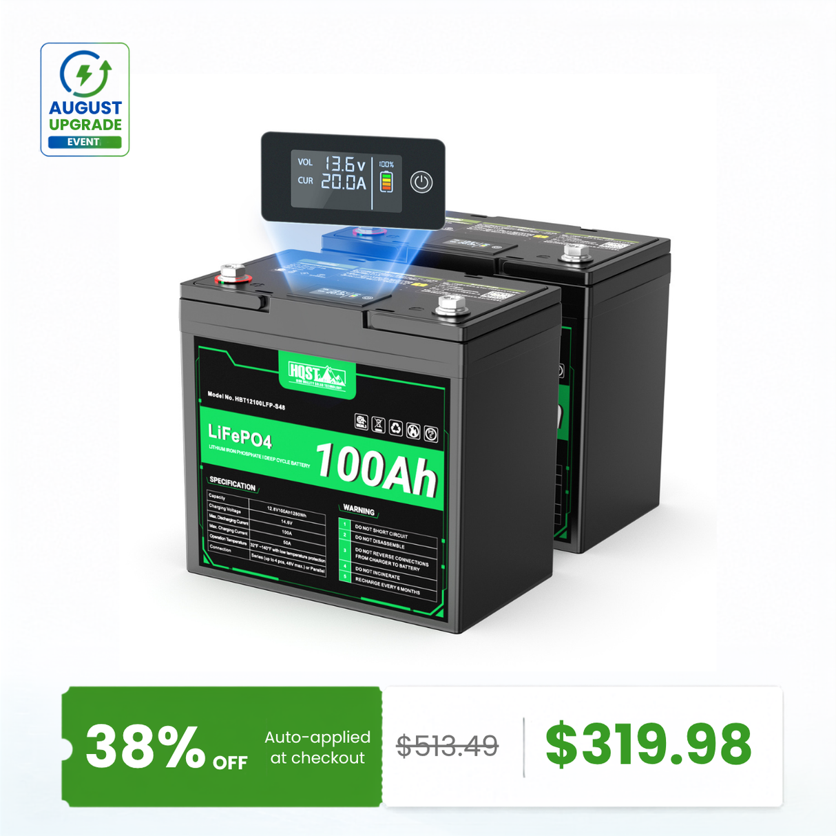 HQST 12V 100Ah LiFePO4 Battery, Mini Size Group 22NF with LED Meter, 10+ Years Lifespan