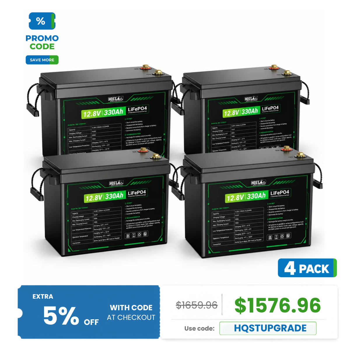 HQST 12V 300Ah Mini LiFePO4 Battery | 4224Wh, 200A BMS