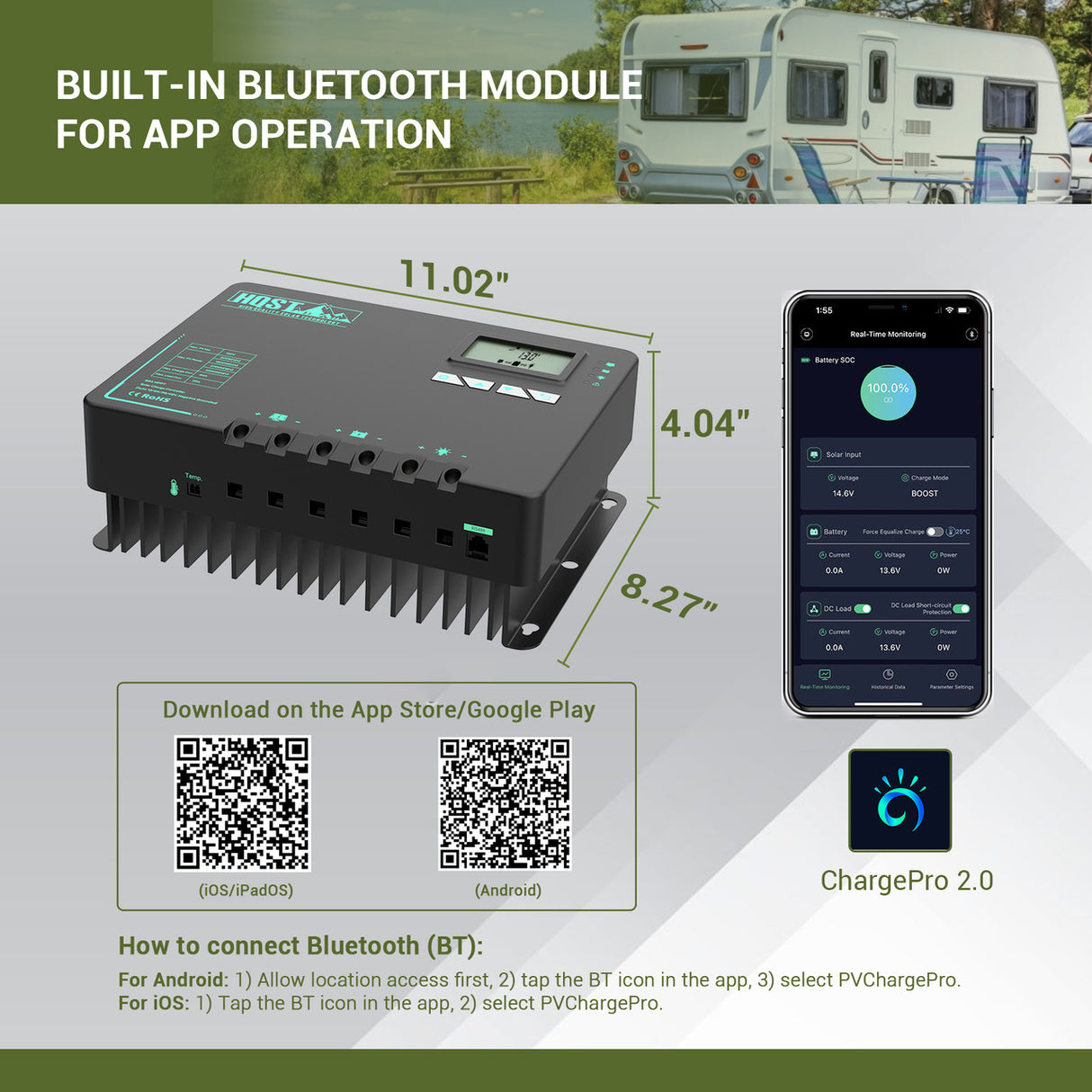 60A MPPT Solar Charge Controller with Li-Ion Battery Low Temp Protection, Parallel Charging, and Bluetooth