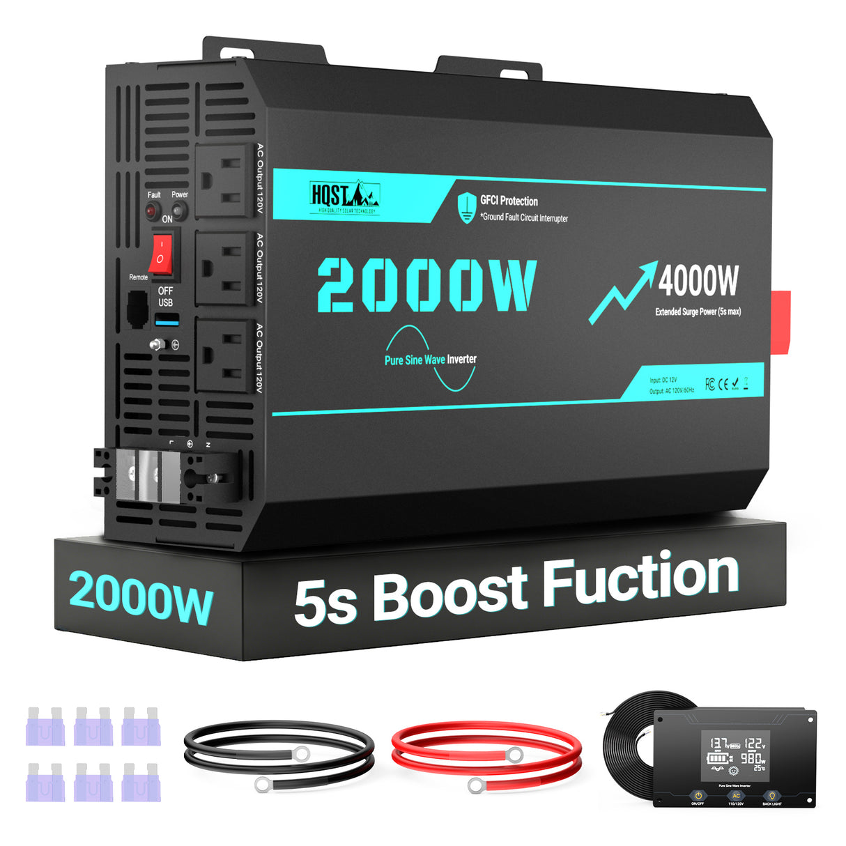 2000W 12V Pure Sine Wave Inverter with 4000W Surge (5s max) and Wired Remote Control