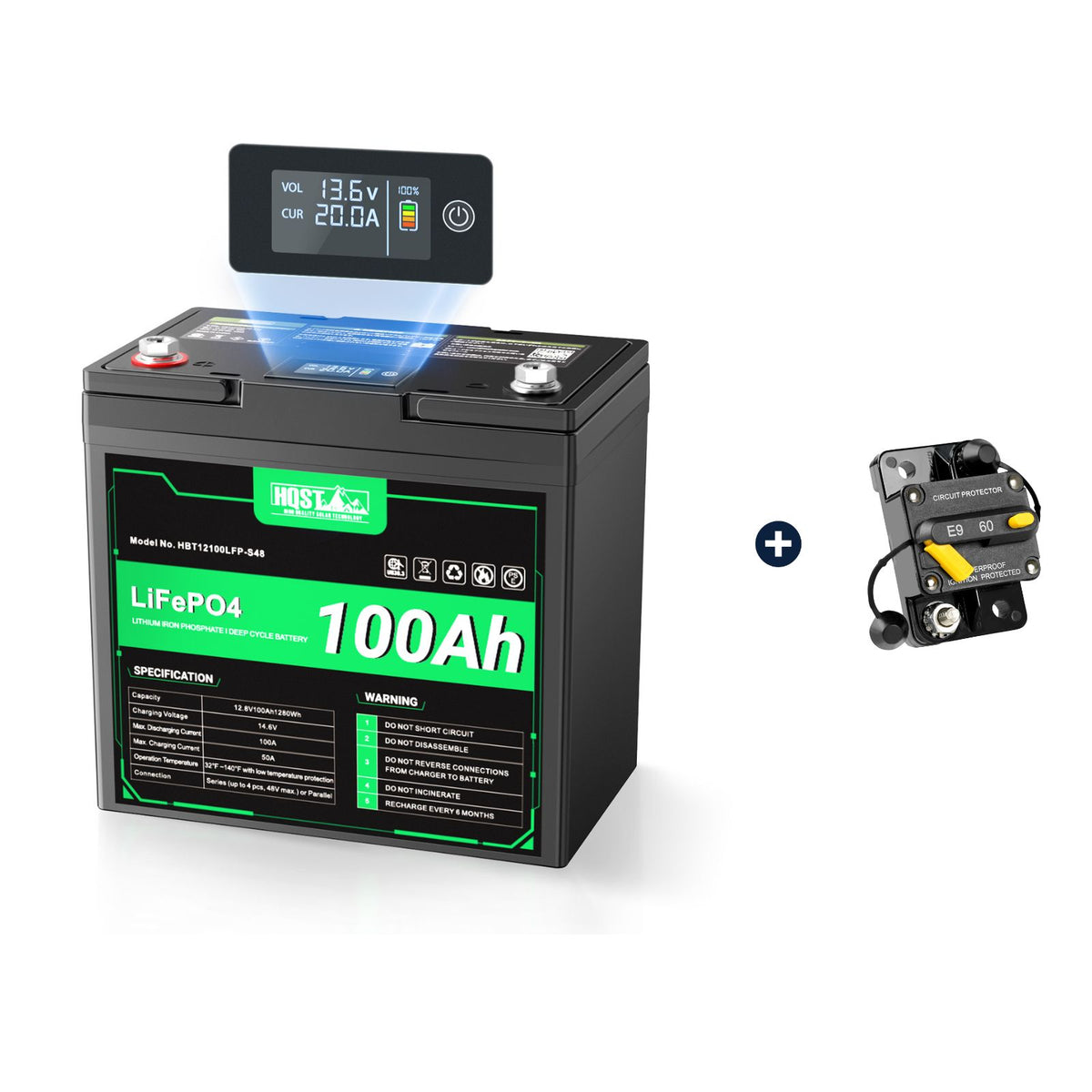 HQST 12V 100Ah LiFePO4 Battery, Mini Size Group 22NF with LED Meter, 10+ Years Lifespan