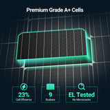 Premium grade A+ cells, showing a rectangular solar panel with glowing teal edges on a dark grid background, with text highlighting 23% cell efficiency, 9 busbars, and EL tested with no microcracks.