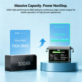 A promotional product graphic showing a black high-performance battery on a blue pedestal with marketing text above. The text reads 'Massive Capacity.