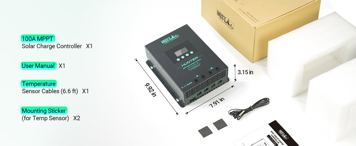 The HQST 100A MPPT Solar Charge Controller comes with a user manual, temperature sensor cable, and mounting stickers, featuring a compact design with dimensions of 7.91 × 9.92 × 3.15 inches.
