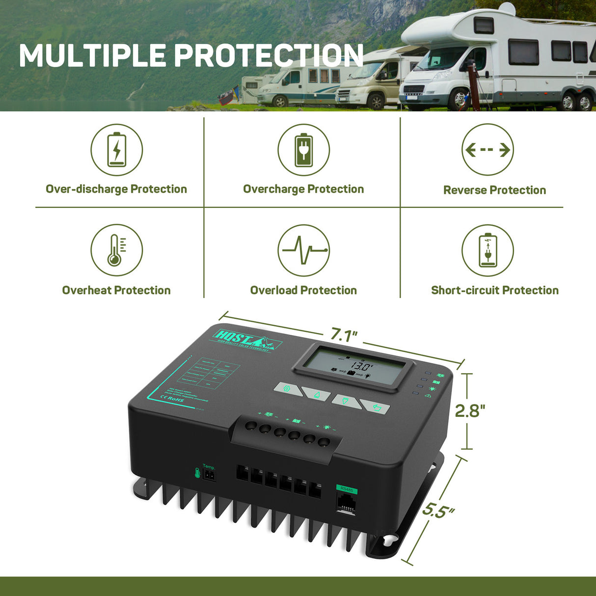HQST MPPT Solar Charge Controller 20 Amp Negative Ground Controller with Bluetooth LCD Display, 12V/24V DC Input Solar Panel Regulator for Gel Sealed Flooded and Lithium Battery