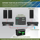 60A MPPT Solar Charge Controller with Li-Ion Battery Low Temp Protection, Parallel Charging, and Bluetooth