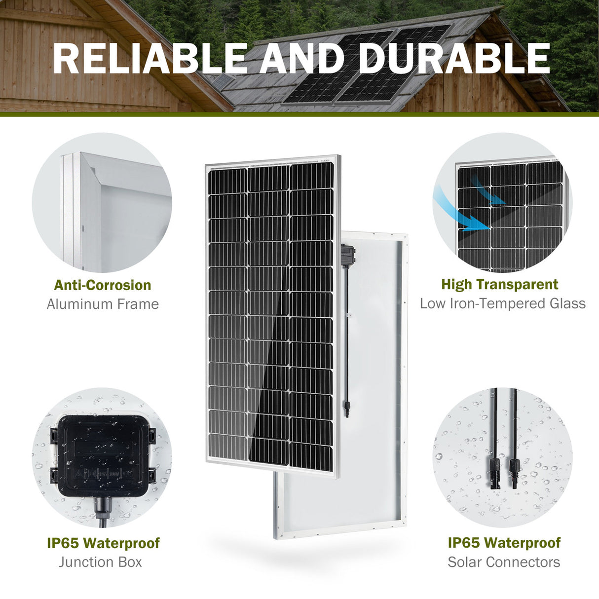 HQST 100W 12V 9BB Cell Monocrystalline Solar Panel, 21.5% High Efficiency Module, Waterproof for RVs Motorhomes Cabins Marine Boat
