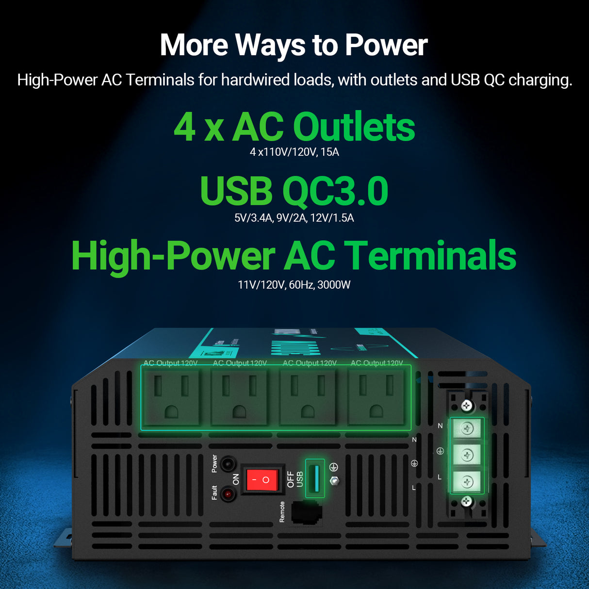3000W 12V Pure Sine Wave Inverter with 6000W Surge (5s max) and Wired Remote Control