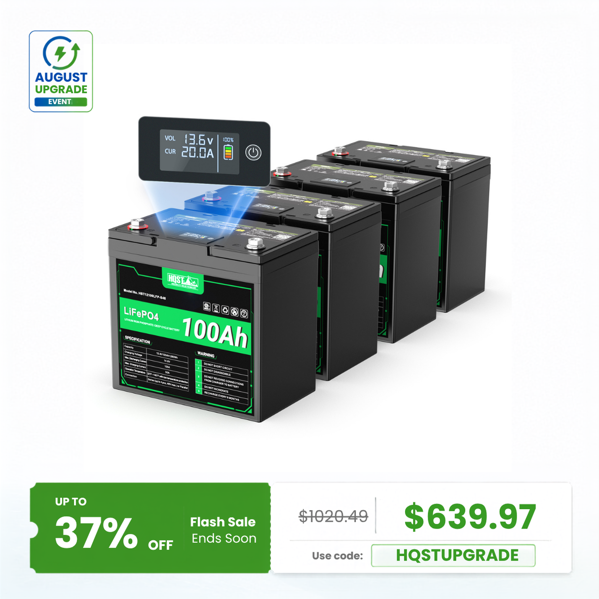 HQST 12V 100Ah LiFePO4 Battery, Mini Size Group 22NF with LED Meter, 10+ Years Lifespan