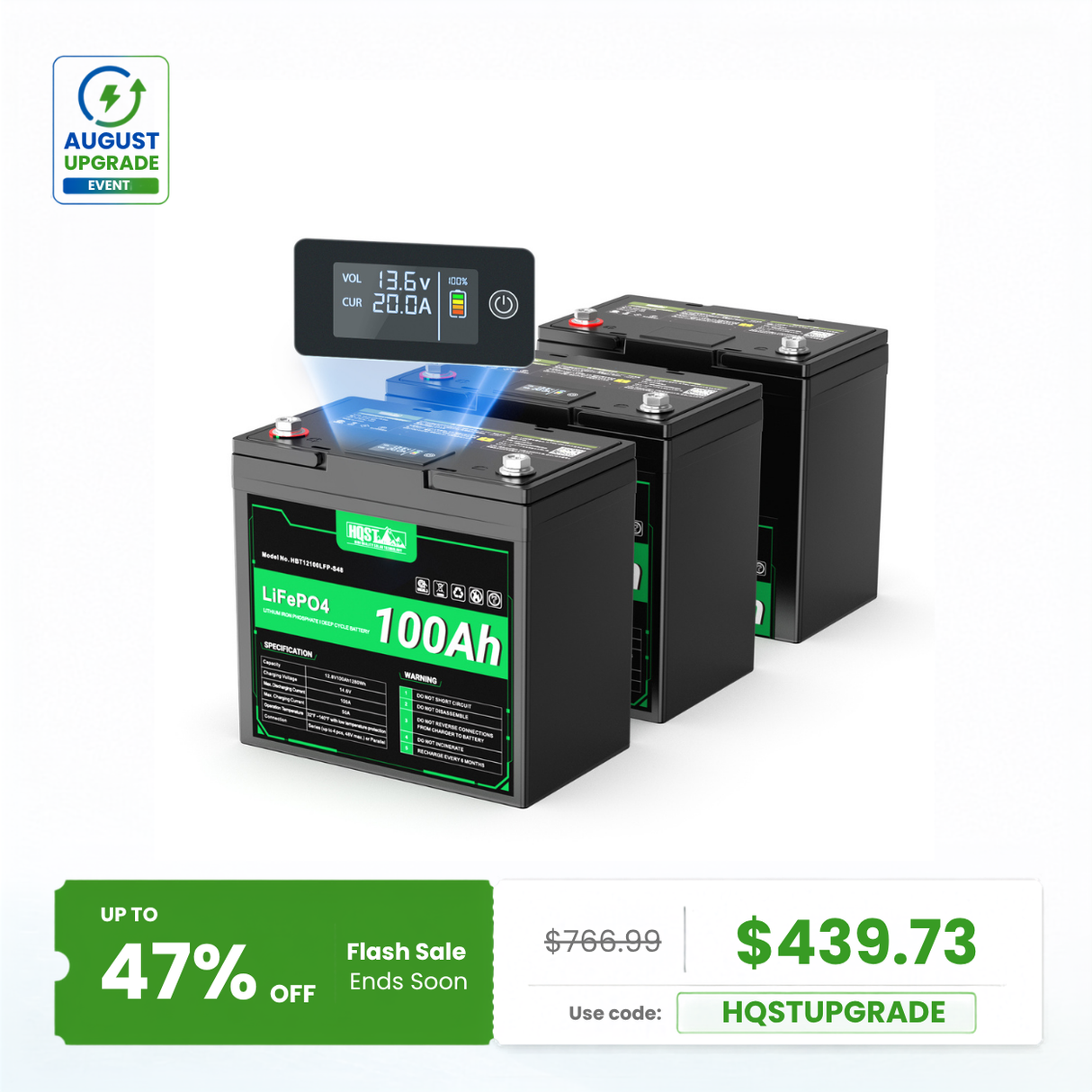 HQST 12V 100Ah LiFePO4 Battery, Mini Size Group 22NF with LED Meter, 10+ Years Lifespan