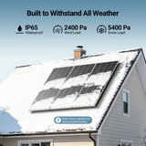 Solar panels mounted on a snow-covered house roof, with text highlighting weather-resistant features: IP65 waterproof, 2400 Pa wind load, and 5400 Pa snow load. Build to withstand all weather.