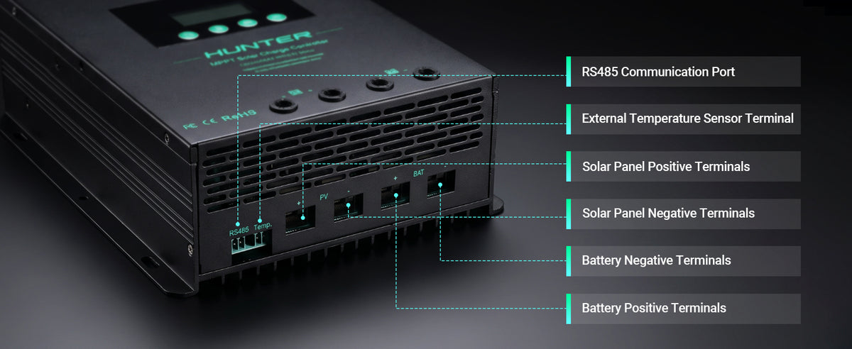 The HQST 100A MPPT Solar Charge Controller features an RS485 communication port, an external temperature sensor terminal, and clearly arranged solar panel and battery connection terminals for convenient system wiring.