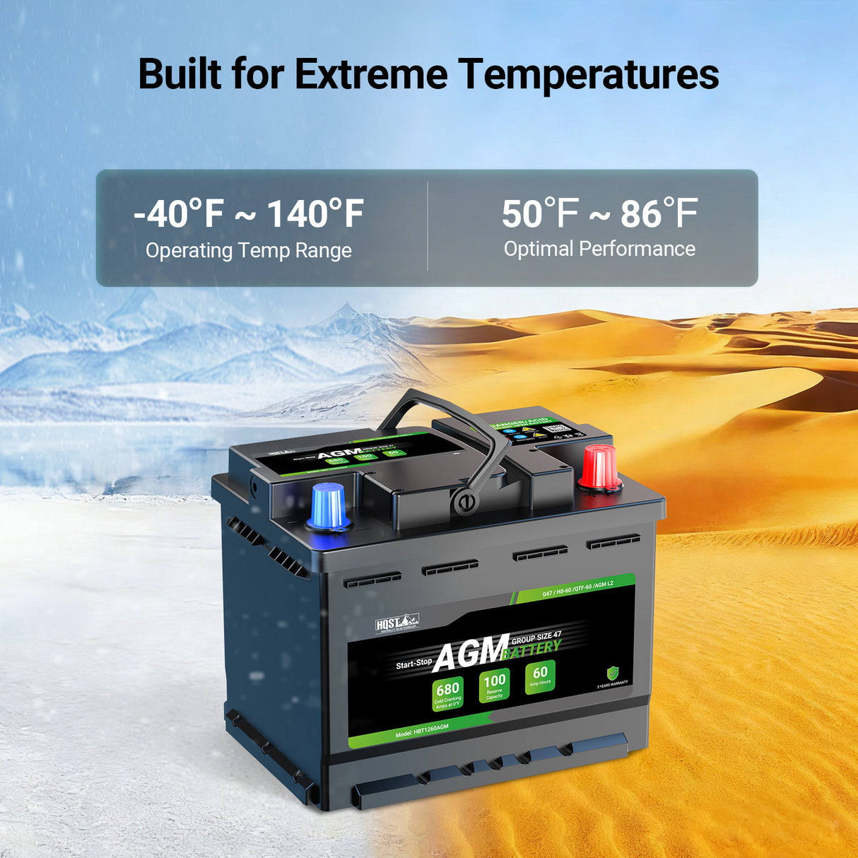 680 CCA high-performance AGM car battery for extreme temperatures and start-stop systems.