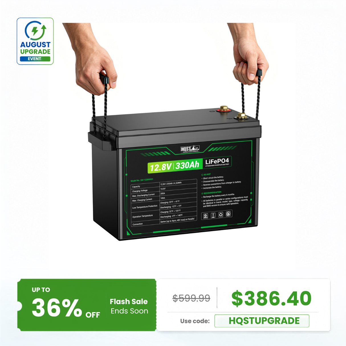 HQST 12V 330Ah Mini LiFePO4 Battery | 4224Wh, 200A BMS