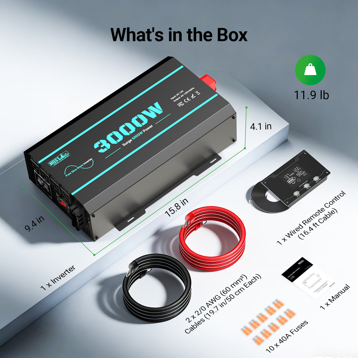 (Back Order 2026/1/23) HQST 3000W 12V Pure Sine Wave Inverter with LCD Display and Wired Remote Control