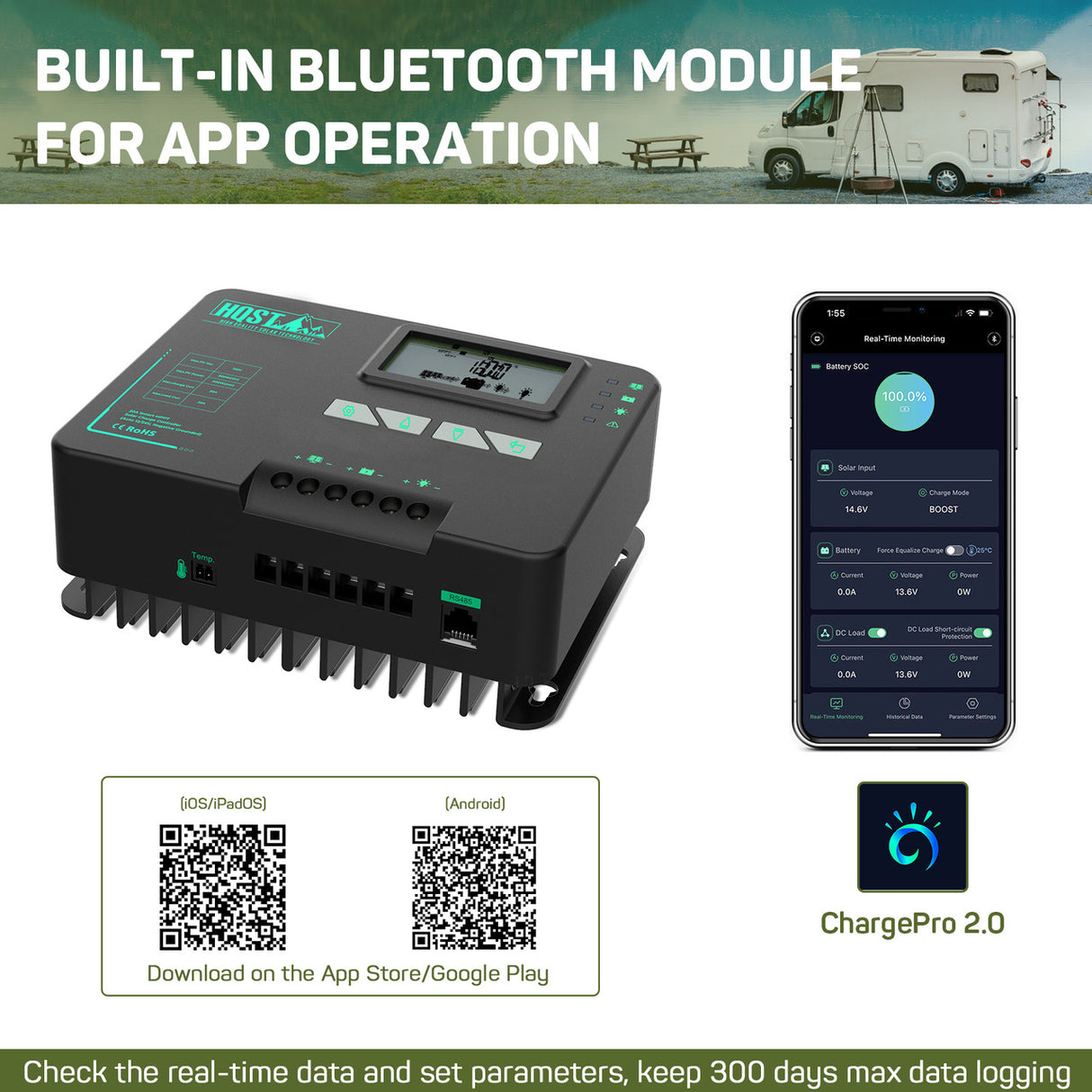 HQST MPPT Solar Charge Controller 20 Amp Negative Ground Controller with Bluetooth LCD Display, 12V/24V DC Input Solar Panel Regulator for Gel Sealed Flooded and Lithium Battery