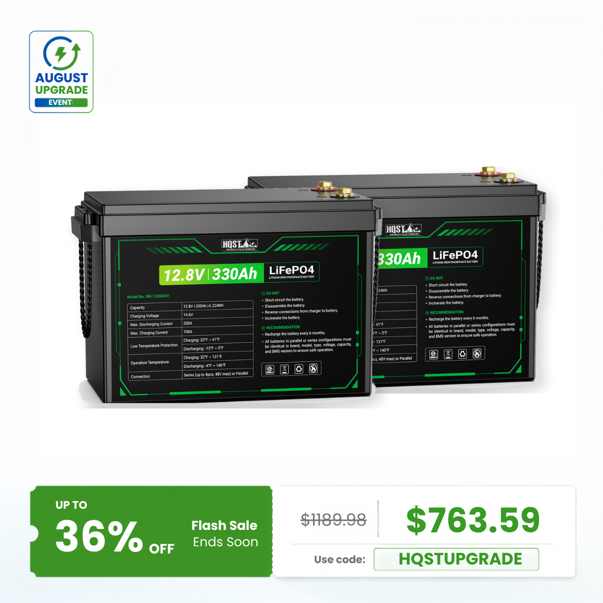 HQST 12V 330Ah Mini LiFePO4 Battery | 4224Wh, 200A BMS