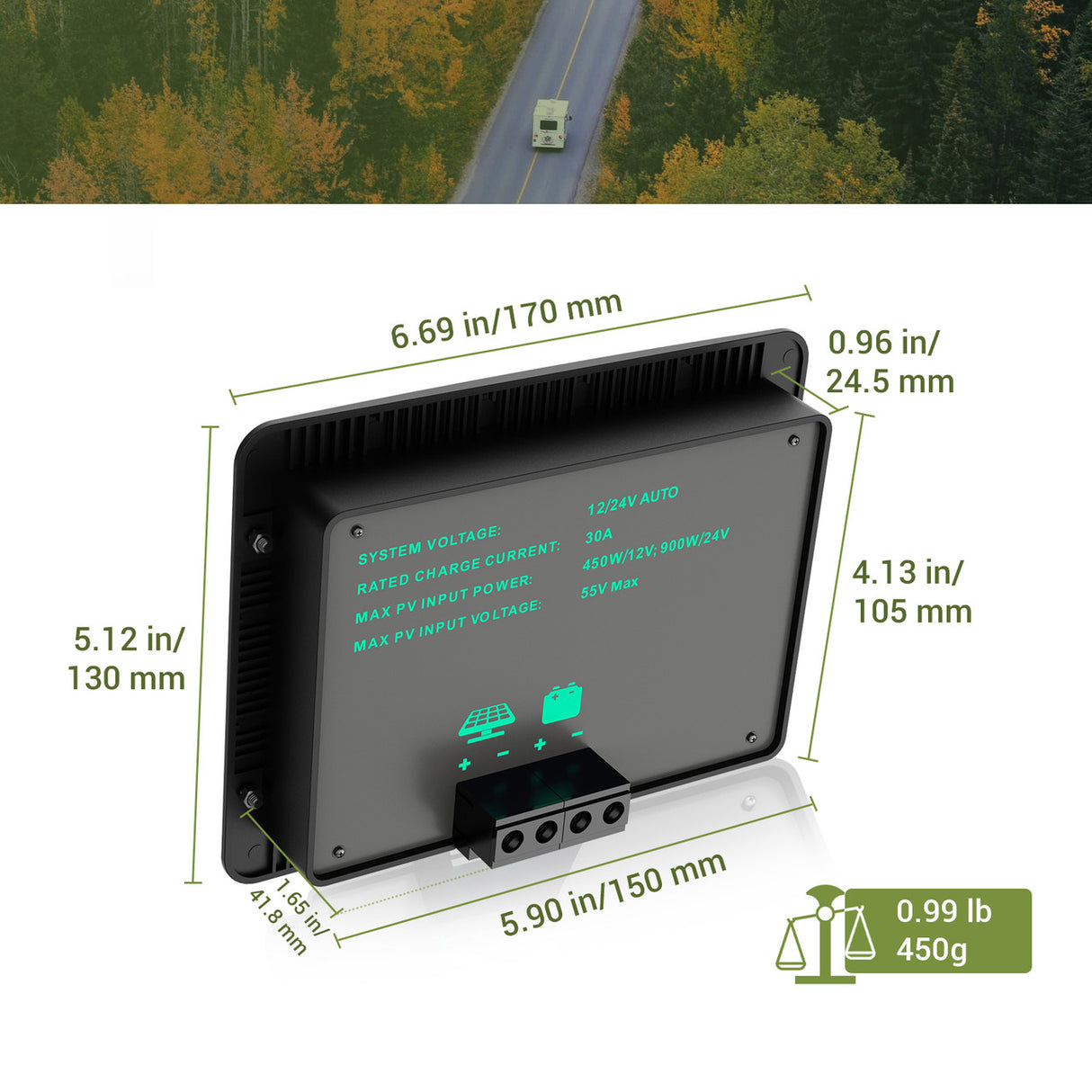 30A 12V/24V PWM Flush Mount Solar Charge Controller - Negative Ground