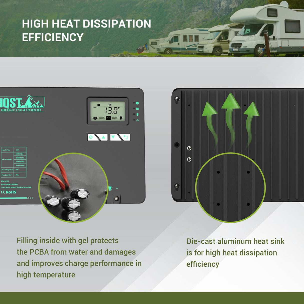 60A MPPT Solar Charge Controller with Li-Ion Battery Low Temp Protection, Parallel Charging, and Bluetooth