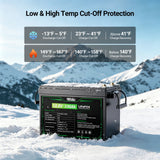 A black and green LifEAP battery placed in deep snow, with a snowy mountain landscape in the background and feature callout banners at the top explaining low and high temperature cut-off protection.