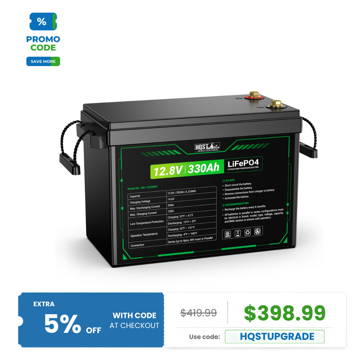 HQST 12V 300Ah Mini LiFePO4 Battery | 4224Wh, 200A BMS