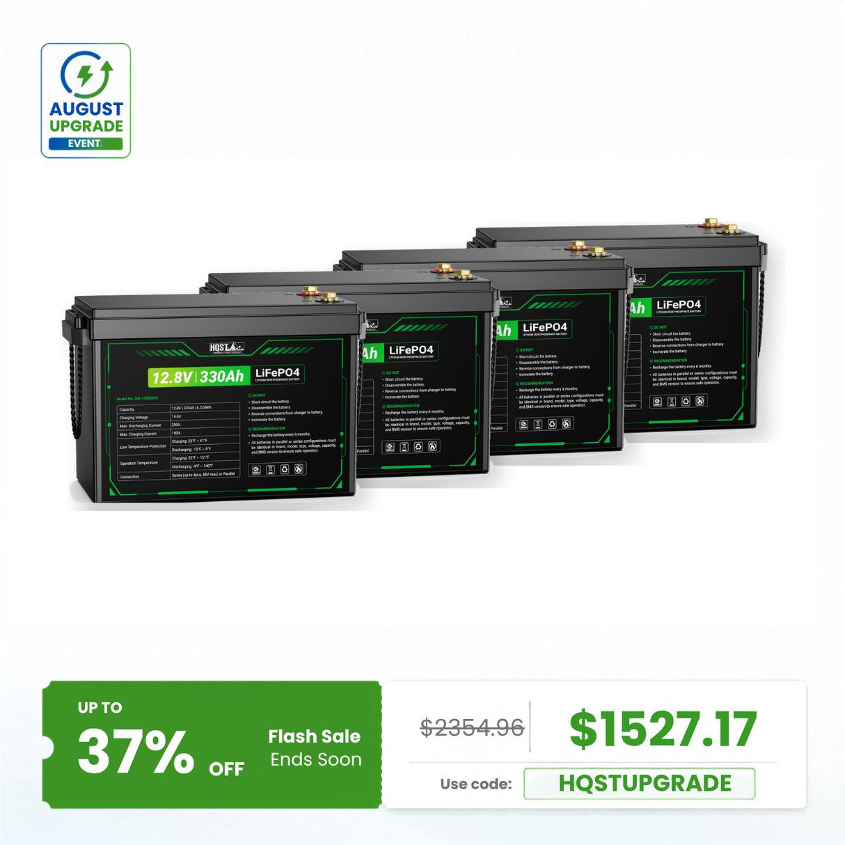 HQST 12V 330Ah Mini LiFePO4 Battery | 4224Wh, 200A BMS