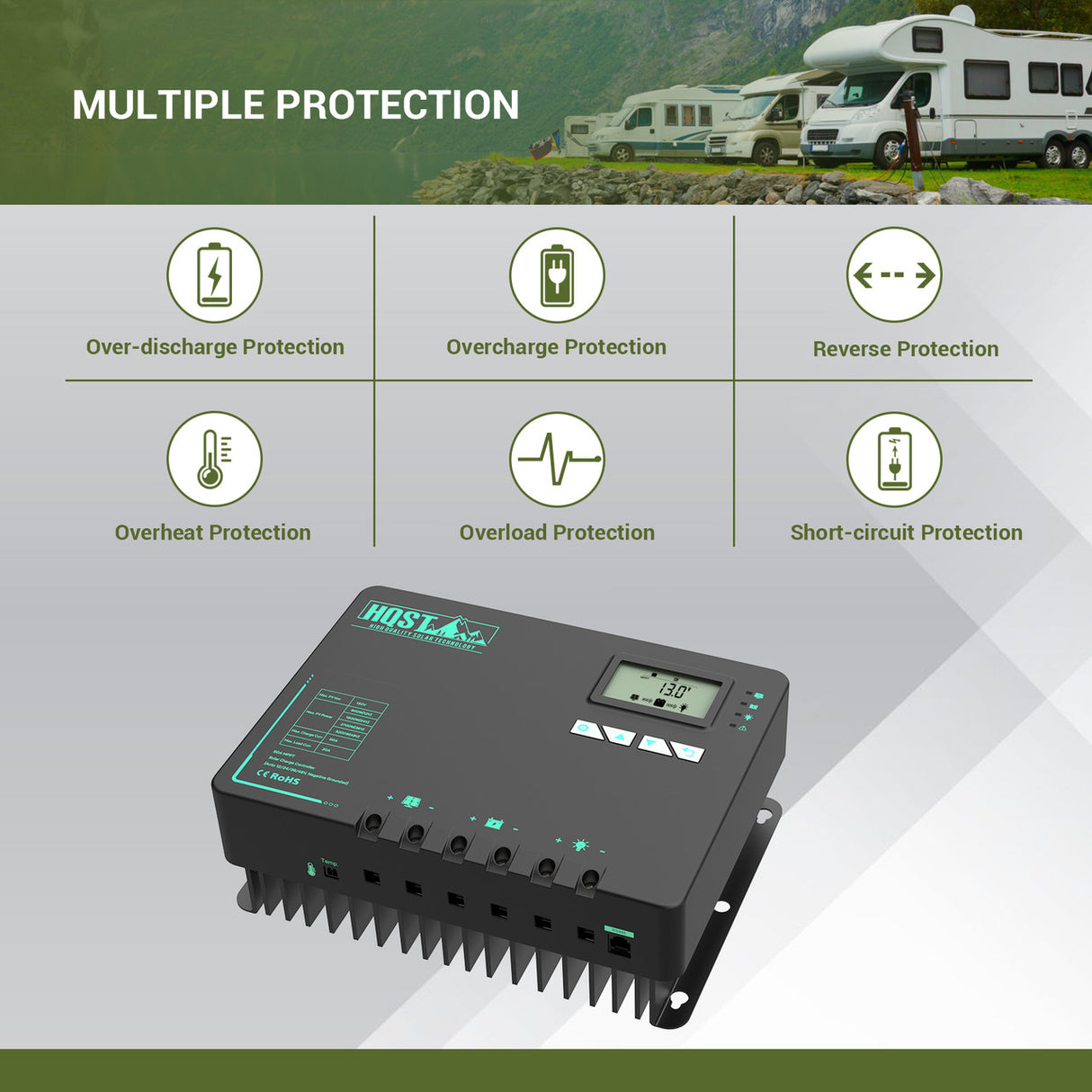 60A MPPT Solar Charge Controller with Li-Ion Battery Low Temp Protection, Parallel Charging, and Bluetooth