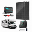 Solar panel system with battery, inverter, and RV on a white background
