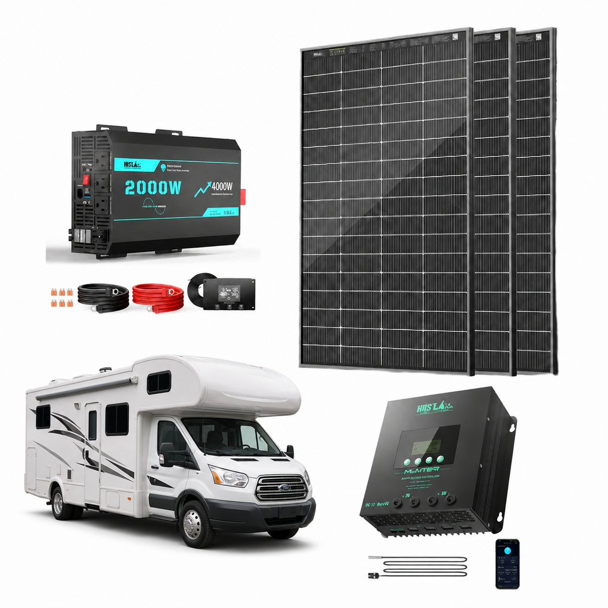 Solar panel system with battery, inverter, and RV on a white background