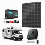 Solar panel system with battery, inverter, and RV on a white background